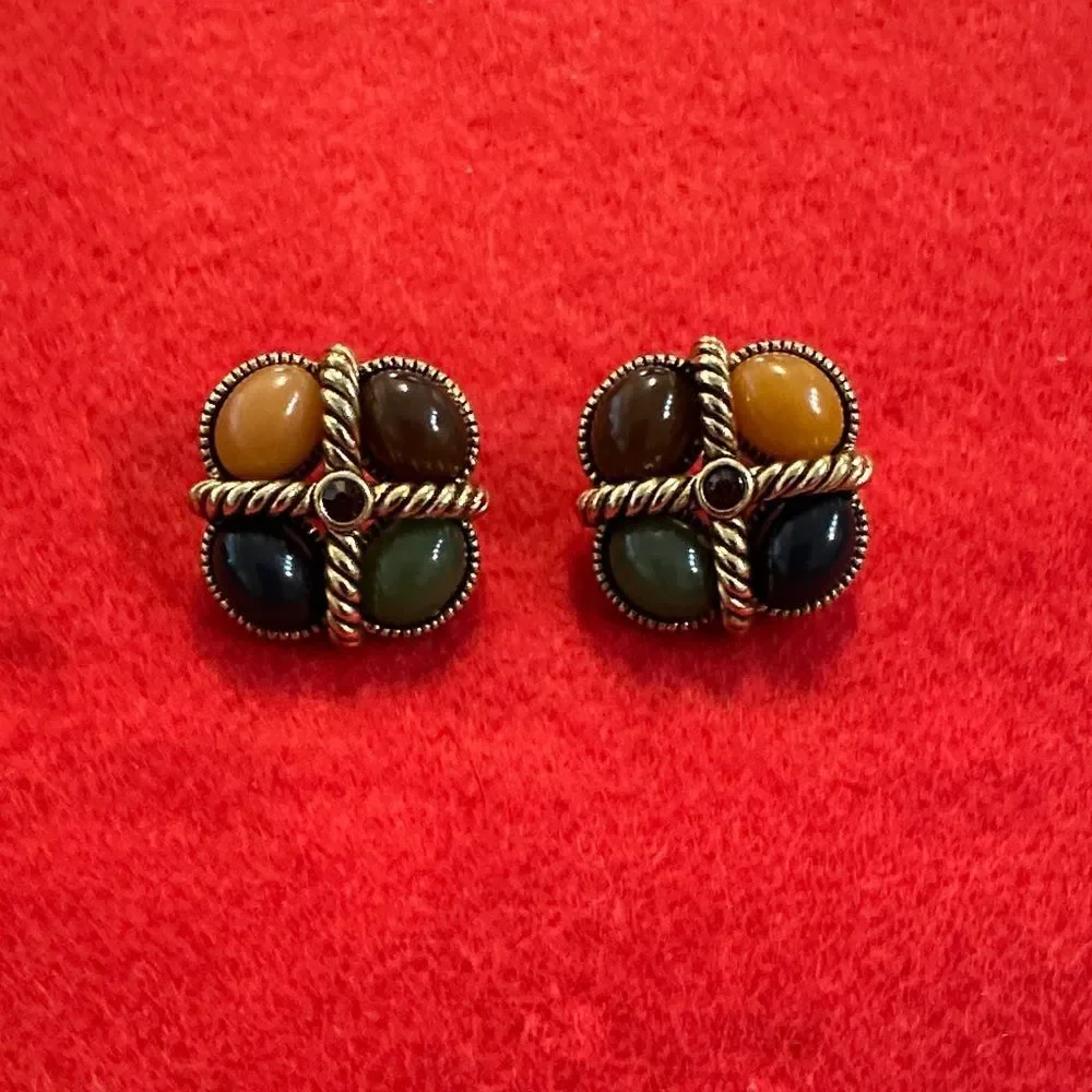 Joan Rivers Vintage Stamped Gold Braided Elegant Multicolor Stone Earrings